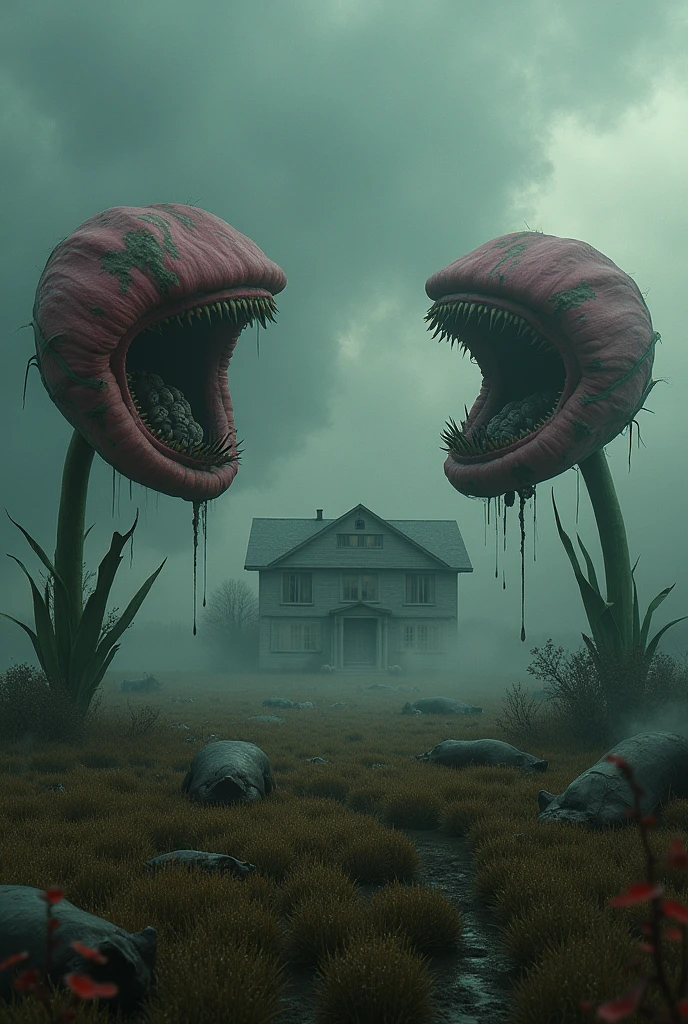 Field with large flowers with mouths, expelling a poisonous gas, with dead animals.
A house in smoke with an energy barrier around it