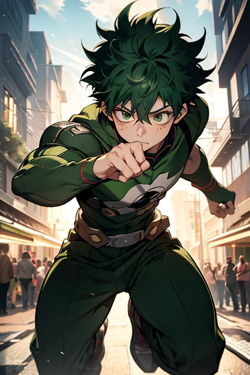 Izuku Midoriya, Deku, 1boy, green hair, freckles, green eyes, determined expression, hero costume, full body, detailed facial features, muscular body, dynamic pose, action scene, cinematic lighting, vibrant colors, digital art, 8k, photorealistic, highly detailed, unreal engine, studio lighting
