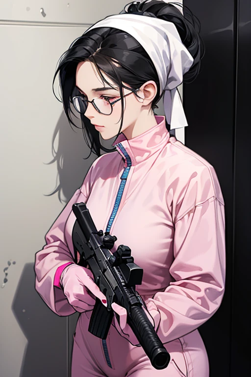 A mature woman with glasses and black hair tied up in a ponytail is wearing large pink rubber gloves, a white cloth wrapped around her head, a blue long-sleeved jumpsuit, and a submachine gun in the bathroom.
