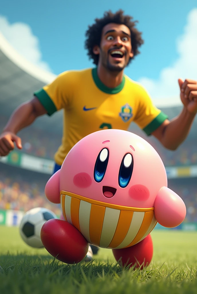 Make Kirby with the Santos football club shirt with Pelé in the background
