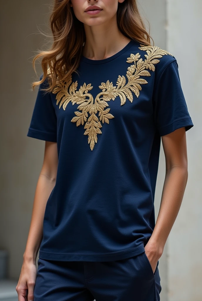 Navy blue t-shirt with gold embroidery