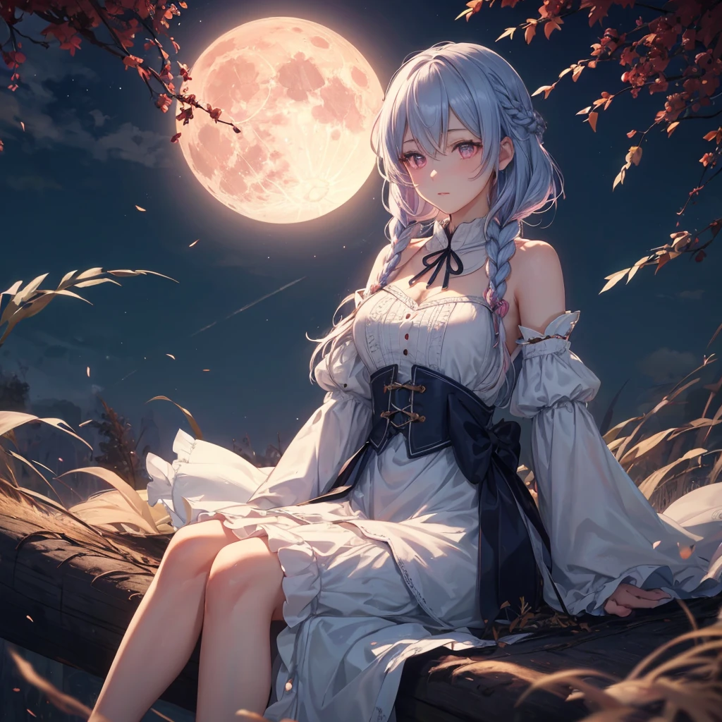 (Braiding),(Sky blue medium hair), (Pink eyes),(Fair skin) ,(whole body),(One Girl),(harvest moon),(A large amount of Miscanthus sinensis in the background),autumn,(full moon),(masterpiece, Highest quality, Very detailed, Best Shadow), (Detailed Background), (Beautifully detailed face), High Contrast, (Best lighting, Very delicate and beautiful), ((Cinematic Light)), Hyper Detail,8k, Dramatic Light, Intricate details