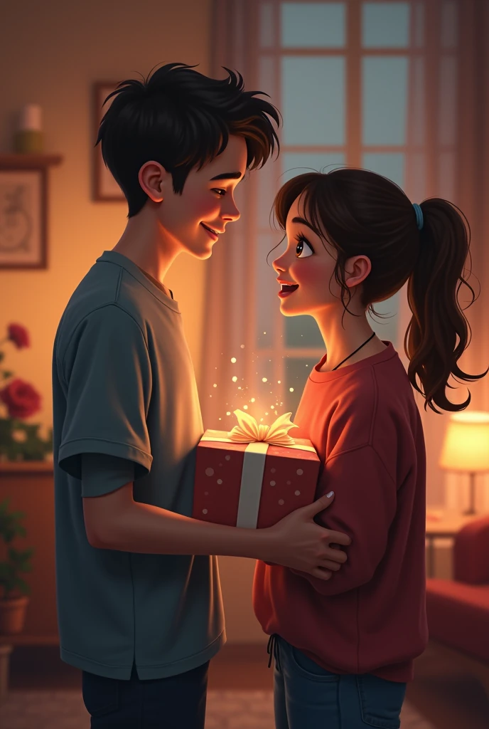 Show me a young guy giving a gift to his girlfriend and she is smiling because she is getting gifts