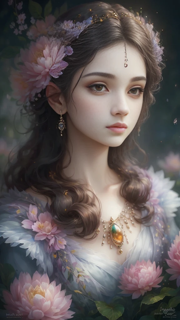 (Best quality, 4K, 8K, A high resolution, Masterpiece:1.2), Ultra-detailed, Realistic portrait, Beautifully detailed eyes, beautiful detailed lips, Detailed expression, Graceful posture, subtly lit, Dreamy atmosphere, Dark-toned background, expressive brush strokes, mystical ambiance, Artistic interpretation, Stunning Studio Ghibli style costumes, a whimsical illustration, Subtle colors and tones, mystical aura,