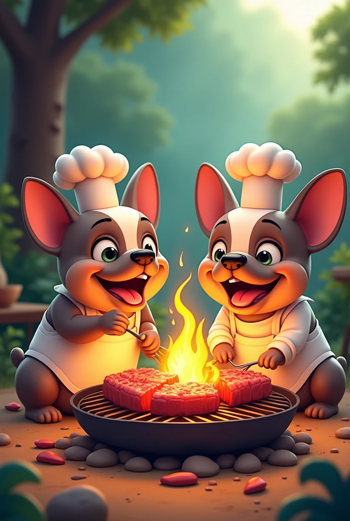 Cartoon French bulldogs cooking meat on grill  