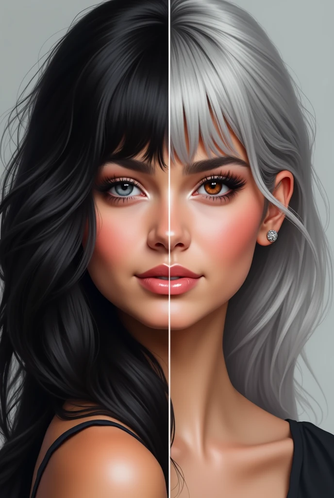 A beautifully contrasted portrait captures the evolution of Selena Gomez over the years: on the left, a vibrant black haired 25-year-old with lush black hair, and on the right, a striking older gray haired 50-year-old with gray hair. This digital artwork showcases the side profiles of both ages in a close-up layout, highlighting the differences and similarities between youth and maturity. The attention to detail is impeccable, from the fine lines on her face to the subtle changes in her expression. The overall effect is both poignant and visually stunning, making this piece a true work of art.