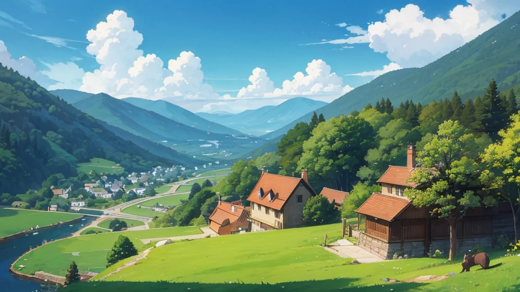Ghibli style，landscape，One cat，wideshot，Ghibli styleイラスト，Detailed illustrations，High quality