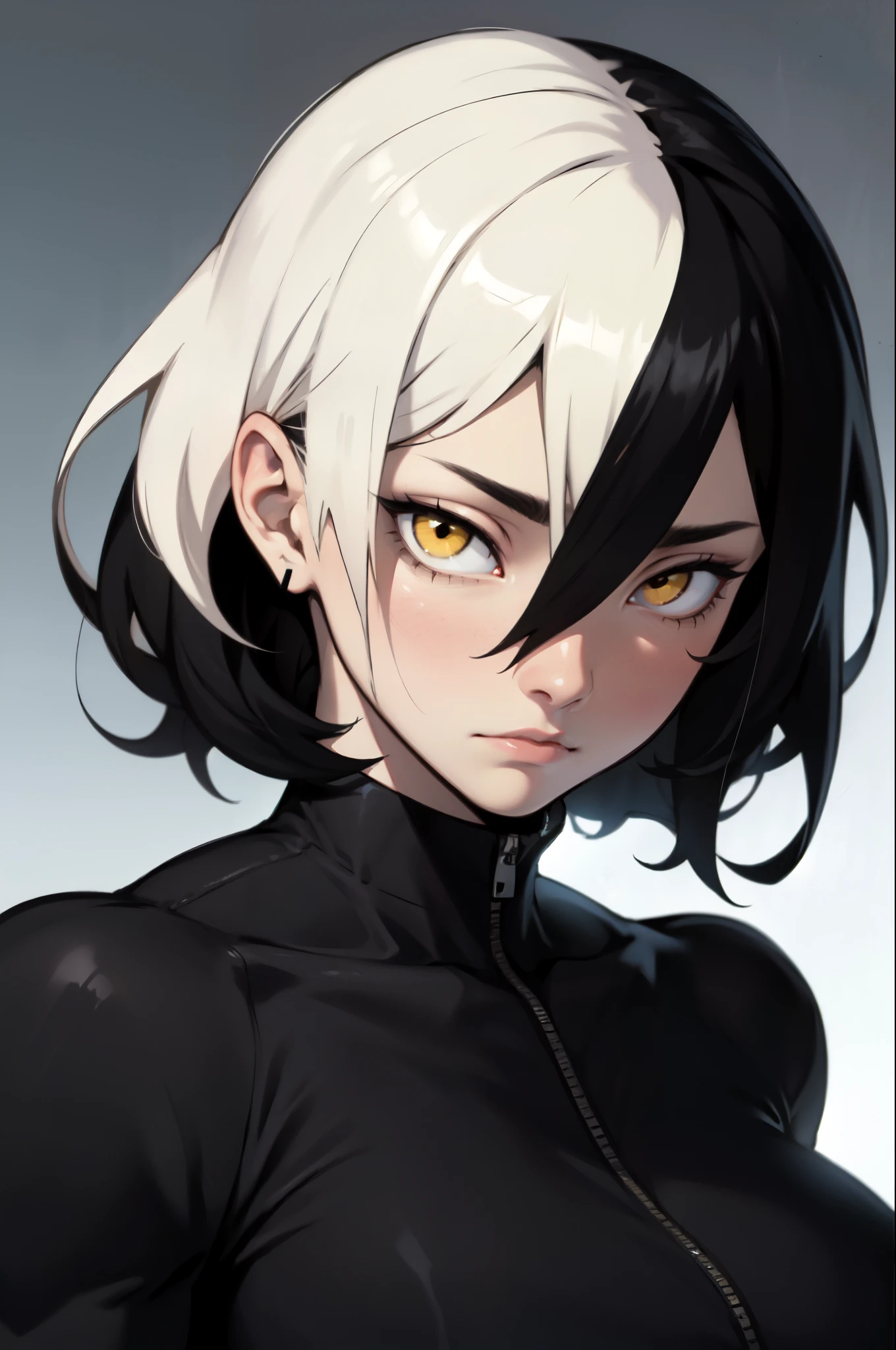 massive hair muscular girl big breasts pale skin black hair yellow eyes empty eyes empty eyes empty eyes empty eyes empty eyes blush