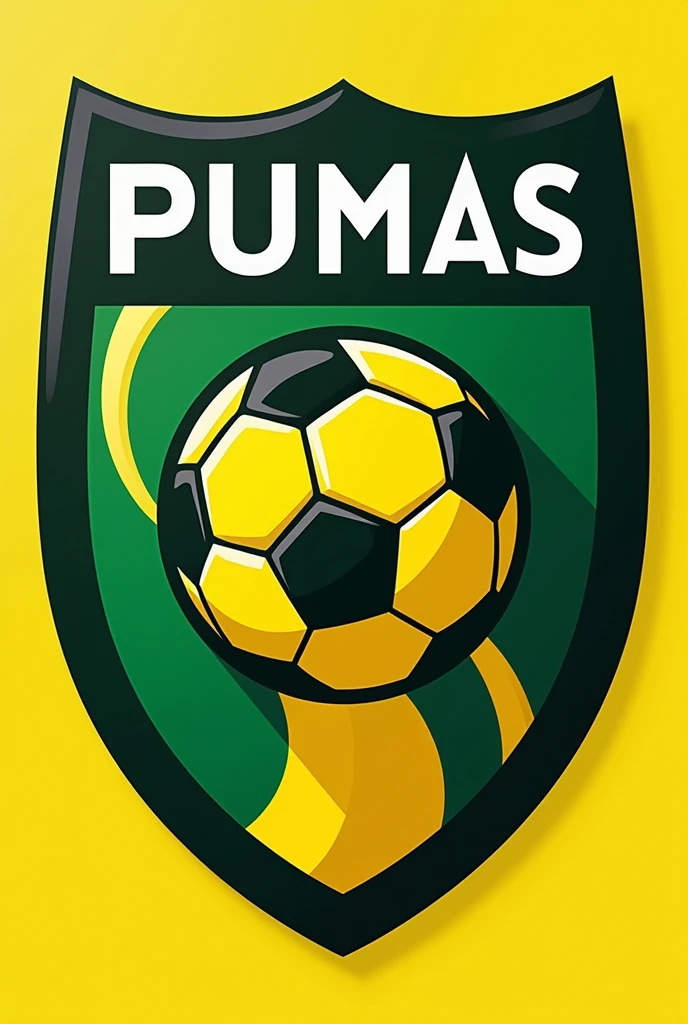 Make a soccer shield with the name of Pumas f.c includes a green and yellow ball and flag