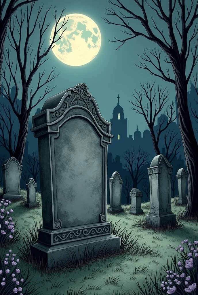A Tim Burton style drawing of a tombstone in a Tim Burton style gothic cemetery