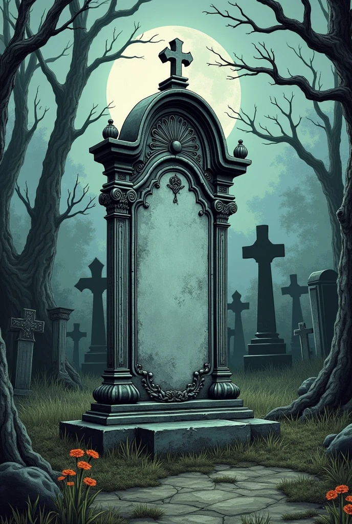 A Tim Burton style drawing of a tombstone in a Tim Burton style gothic cemetery