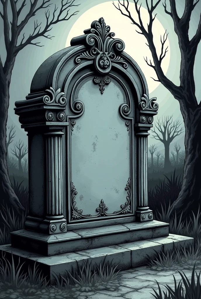 A Tim Burton style drawing of a tombstone in a Tim Burton style gothic cemetery