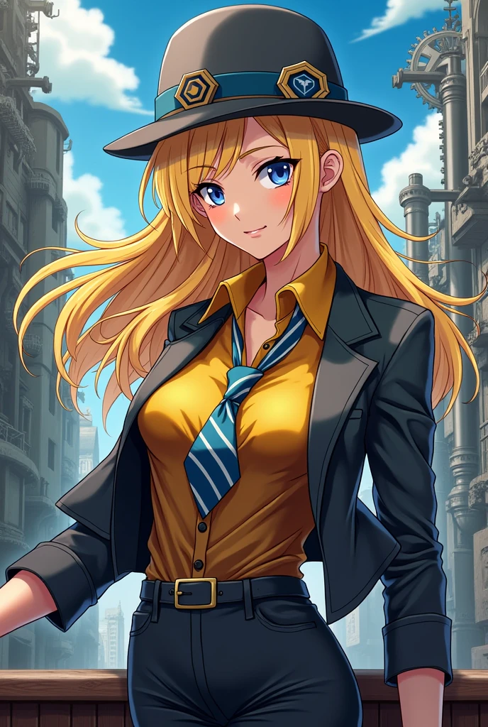 a beautiful woman with blonde hair, black and yellow shirt, with a gray hat with a hexagon-shaped insignia, gray suit with blue and white striped tie. In steampunk anime style