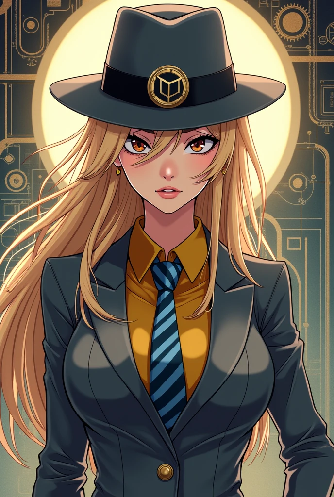 a beautiful woman with blonde hair, black and yellow shirt, with a gray hat with a hexagon-shaped insignia, gray suit with blue and white striped tie. In steampunk anime style