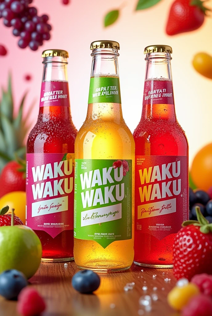 Sparkling beverage product in plastic bottle, 3 bottles, 3 flavors: Bottle 1, red grape flavor; Bottle 2, green apple flavor; Bottle 3, mixed berry flavor. Product name: Waku Waku