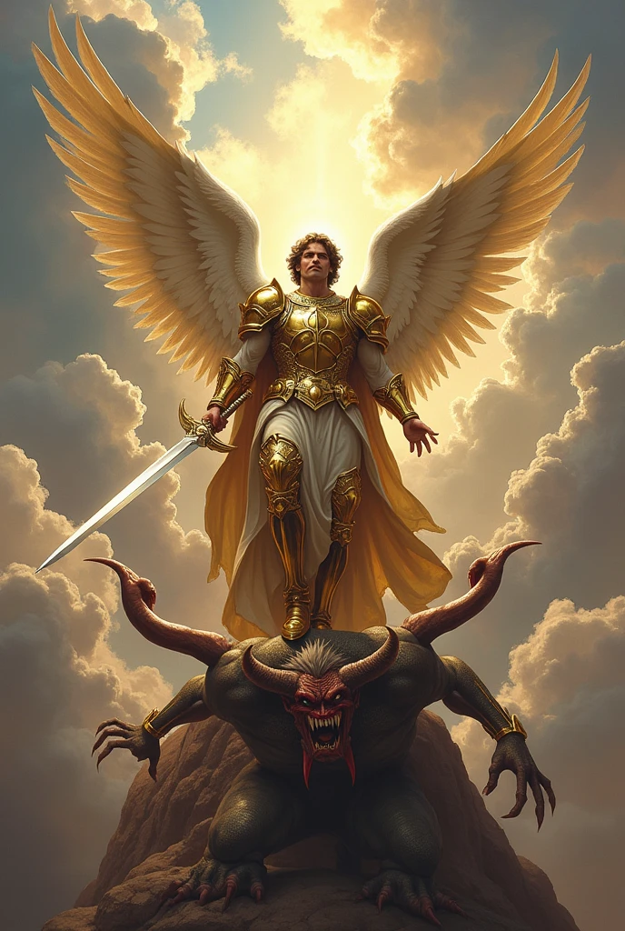 Create an image of a sky with large clouds, place an image of Saint Michael the Archangel as described by the Catholic faith, with the sword in his right hand, a shield in the left hand, with his feet stepping on Satan's head, the angry demon Lucifer, wearing golden armor and a red skirt