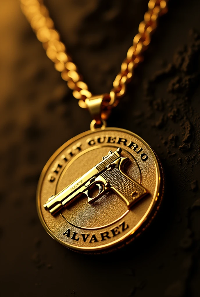 Gold necklace with the image of a gun and the name Cheily Guerrero Alvarez engraved