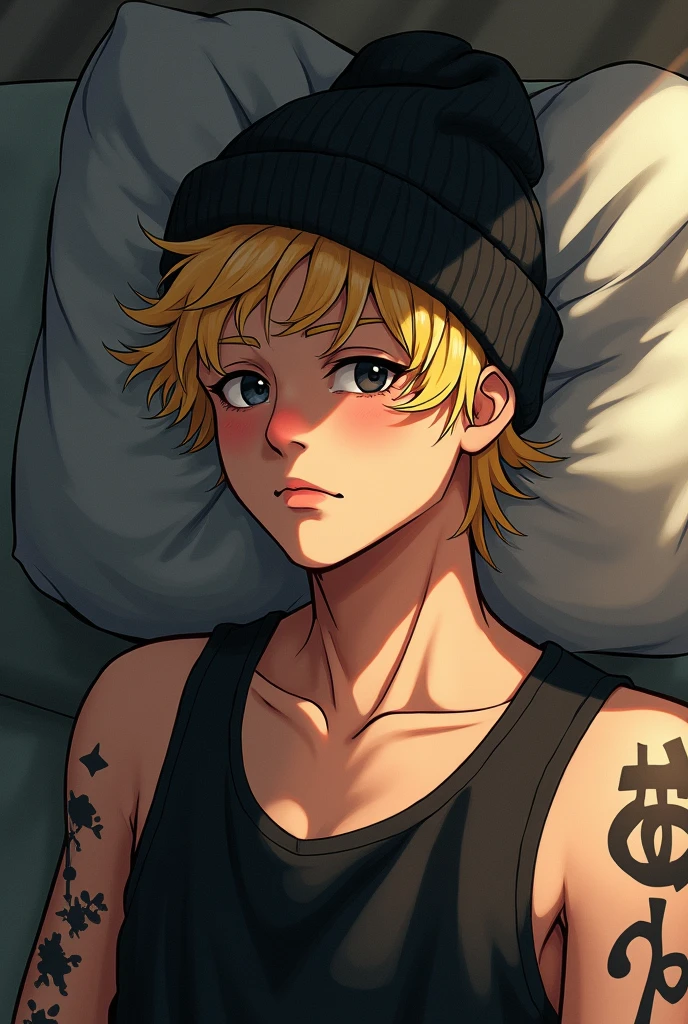 Painterly photo, semi-realism, Acrylic painting, Painterly photo, realism art style, Small details in anime, painting 20 year old boy with black tattoo on arm, Blond hair, american boy, Tired eyes,  mature face,Lying on a couch, Black beanie, Skater Clothing, black eyes, Long hair, Sunshine, light beams,2000s scenery, sunlight, Grayish colors 2000s, blurred background, illustrated, bold lines,comic art, character art,  Camera away, top view, Waist view