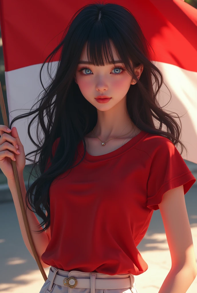 best quality, tmasterpiece, Ultra-high resolution, Clear face, (Reality: 1.4), perfect lighting,(photorealistic: 1.50), anime wallpaper, Guviz style artwork , fantasy cover up to magic , by Yang J, Guviz, beautiful artwork illustration, beautiful digital artwork, beautiful digital illustration, Li Song, beautiful anime portrait, art style at Beauvot,illustration, ethereal and beautiful, highly detailed, CG, unity, 8k wallpaper, Amazing, fine detail, masterpiece, best quality, official art, highly detailed CG unity 8k wallpaper,absurd, extremely absurd, large file size, highly detailed , high resolution, very detailed,beautiful girl with details, very detailed eyes and face, beautiful detailed eyes,light on the face,cinematic lighting, 1girl, (black hair:1.3), long hair, Bangs, blue eyes, Red T-shirt, White pants, standing, upper body, (looking at viwer:1.3), smile, Holding the Indonesian flag, Red and white flag,