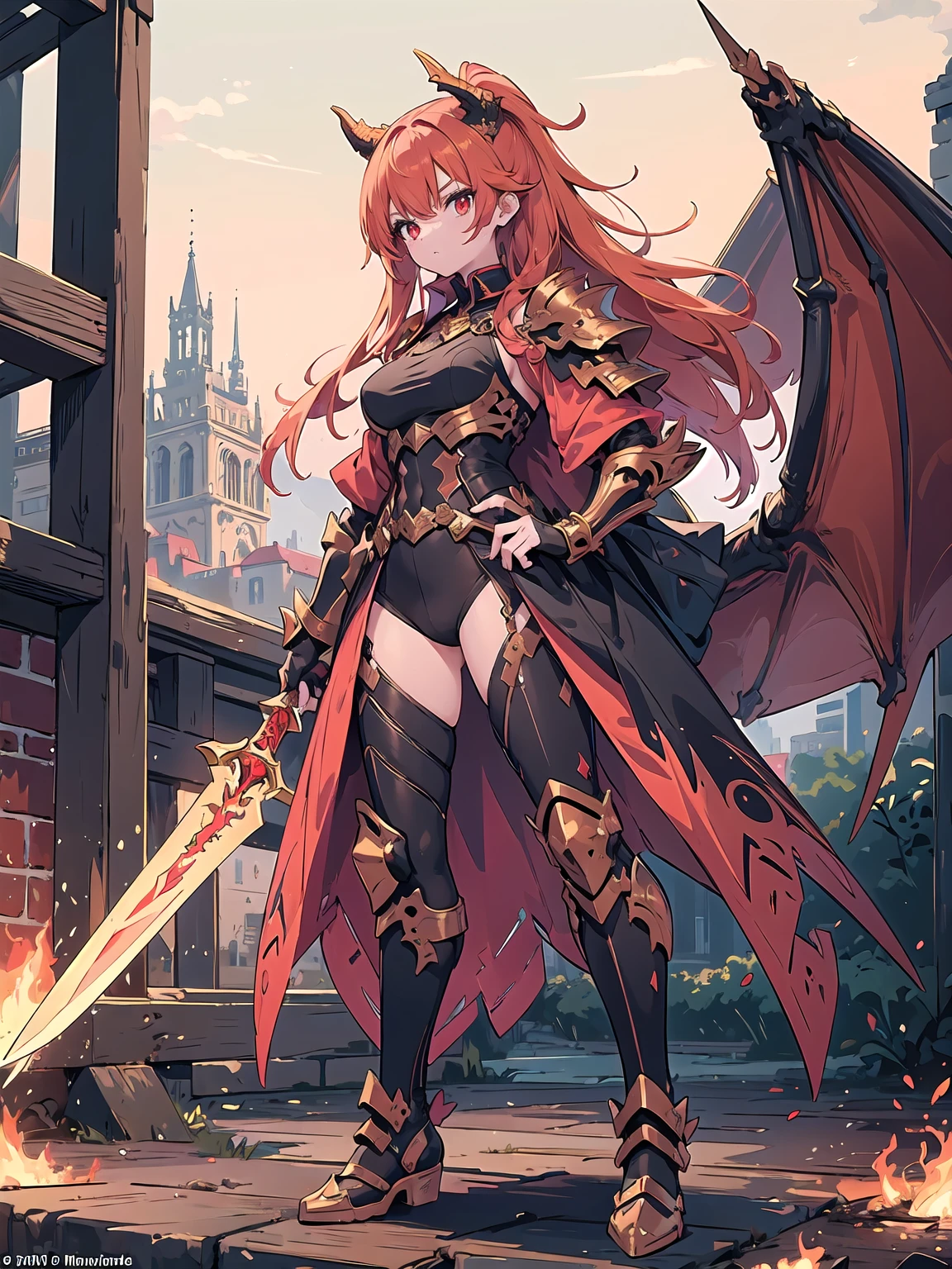 (((masterpiece, best quality, high detailed, 16k))) (1girl) A fierce dragon rider with wild, fiery orange hair and blazing red eyes. She wears a suit of dragon-scale armor that shimmers in shades of red and gold, and a large sword is strapped to her back. She stands confidently beside her dragon, her hand resting on its massive neck. ((full body view))