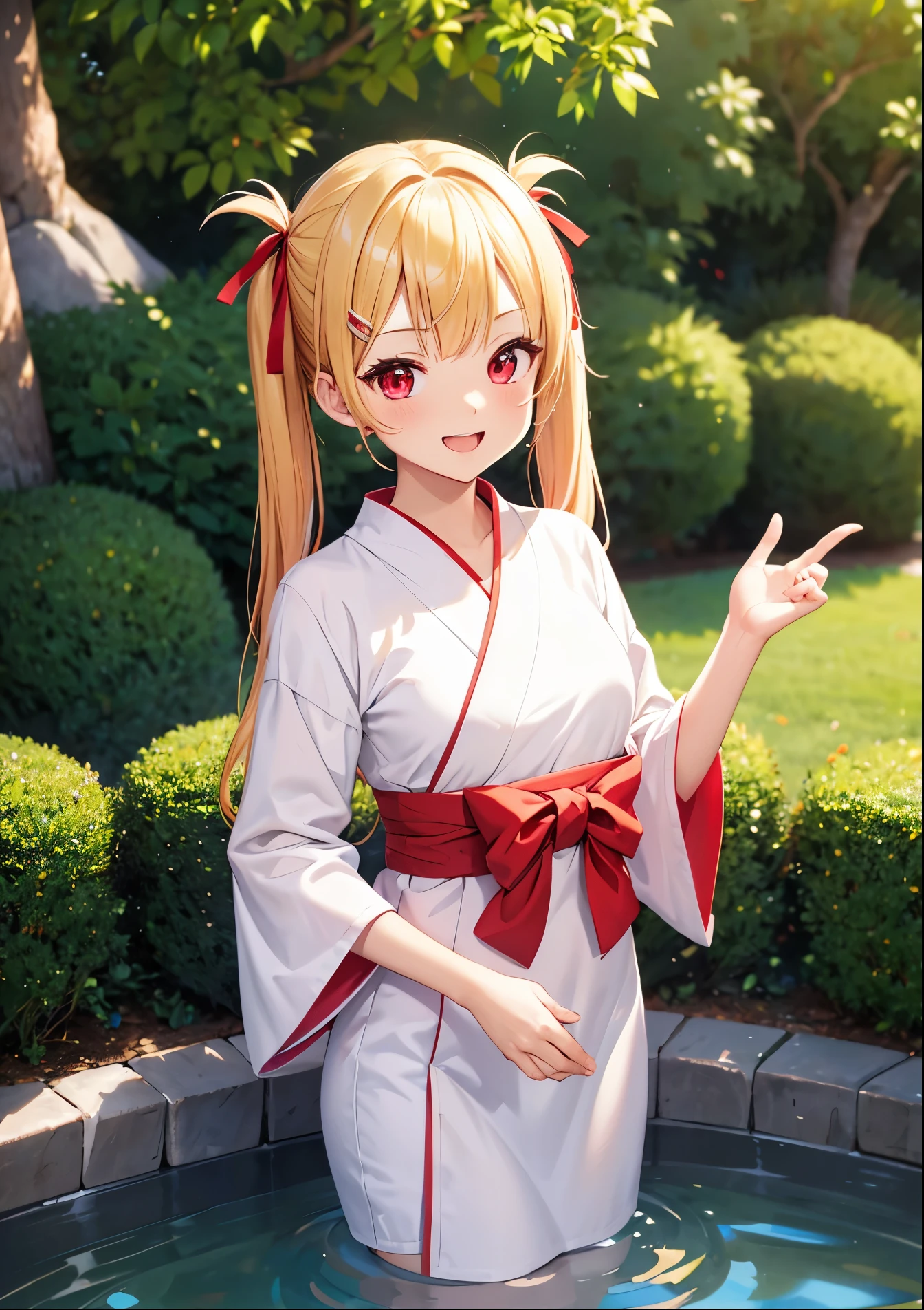 Idol-like anime character, cute face, big mouth with a big smile, droopy eyes, kind loving face bright expression, customer service, blond twin-tail hair, red ribbon worn, small breasts, hot spring innkeeper, long-sleeved yukata, . Hair clip, both hands open, face in focus, front view, red eyes, both hands. 5 fingers, no shadow on background, high quality