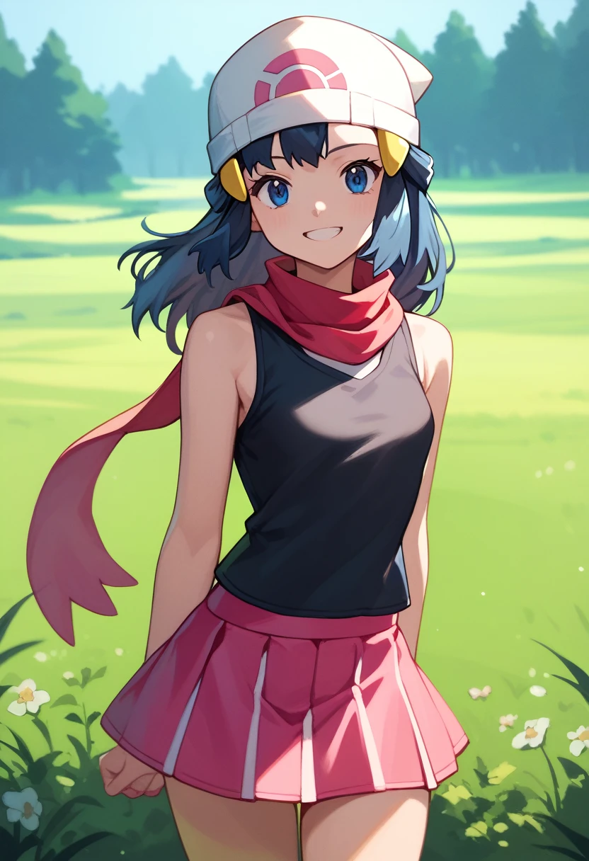 masterpiece, Best Quality, 1 girl, dawn \(Pokémon\), cap, by the wide, For the blue, blue eyes, Black sleeveless shirt, pink scarf, pink skirt, pink boots, smile, looking at the viewer, field background,sexy