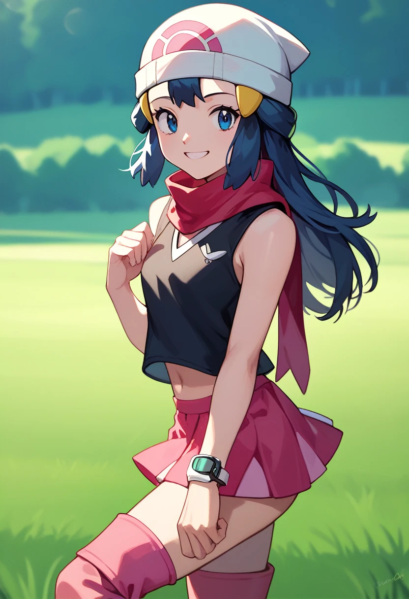 masterpiece, Best Quality, 1 girl, dawn \(Pokémon\), cap, by the wide, For the blue, blue eyes, Black sleeveless shirt, pink scarf, pink skirt, pink boots, smile, looking at the viewer, field background,sexy