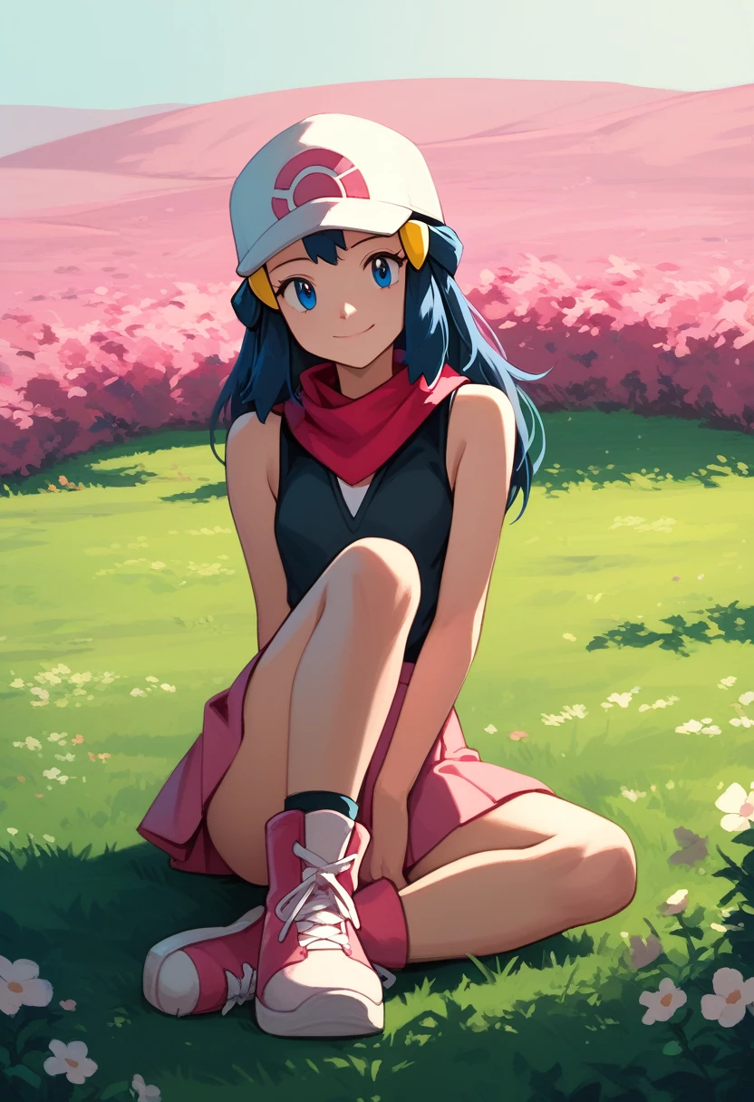 masterpiece, Best Quality, 1 girl, dawn \(Pokémon\), cap, by the wide, For the blue, blue eyes, Black sleeveless shirt, pink scarf, pink skirt, pink boots, smile, looking at the viewer, field background,sexy