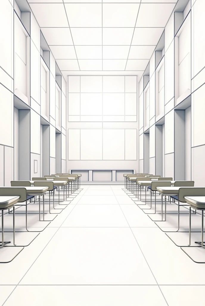 Drawing of a classroom made entirely of geometric figures that is symmetrical