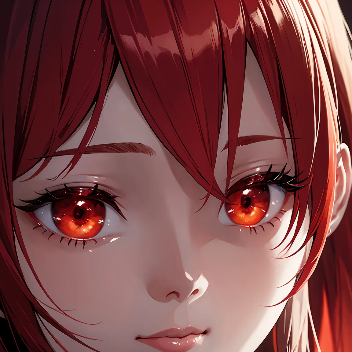 Woman1, face close-up, detailed eyes close-up, bright glowing red eyes, beautiful detailed face, detailed red hair, high detail, better resolution, detailed face and eyes