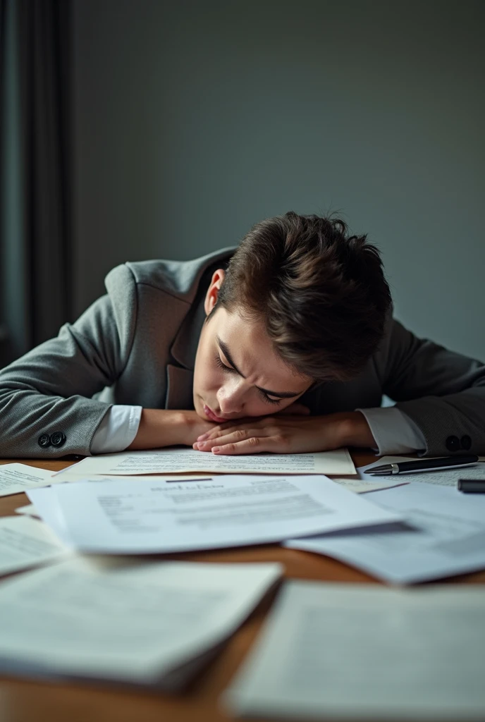 photo of a terrible and discouraged employee, lying face down on the table full of papers thinking about giving up