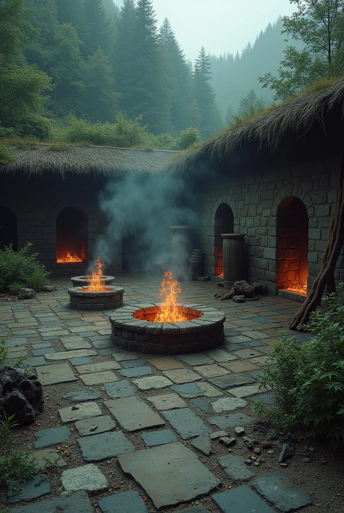 A patio with old or improvised fireplaces, perhaps showing smoke or embers, and a silent and tense atmosphere.