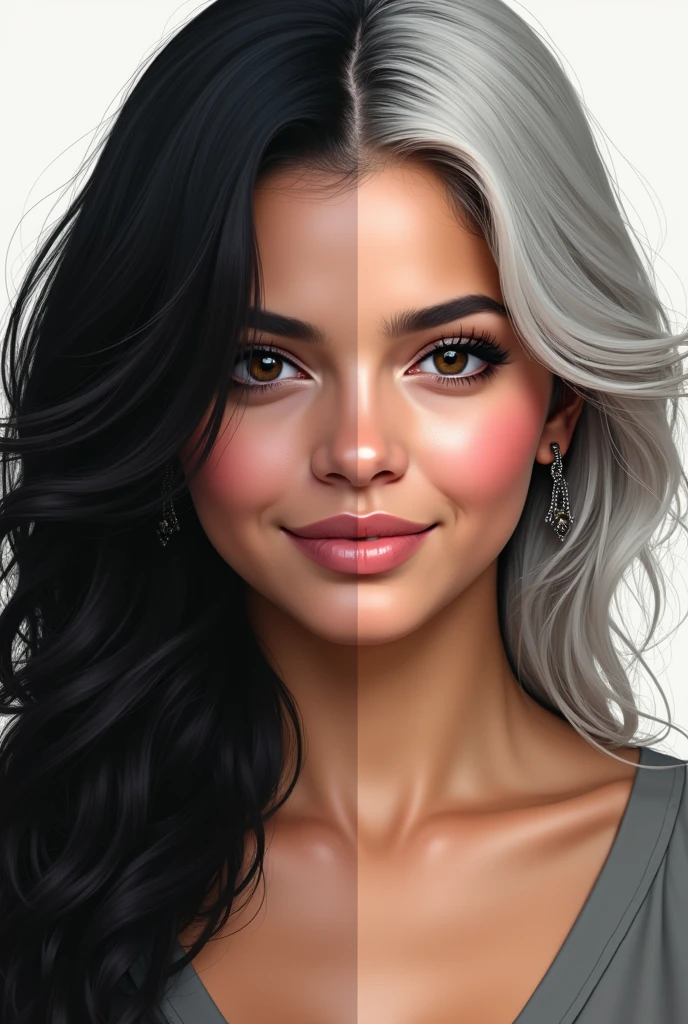 A beautifully contrasted portrait captures the evolution of Selena Gomez over the years: on the left, a vibrant black haired 25-year-old with lush black hair, and on the right, a striking older gray haired 50-year-old with gray hair. This digital artwork showcases the side profiles of both ages in a close-up layout, highlighting the differences and similarities between youth and maturity. The attention to detail is impeccable, from the fine lines on her face to the subtle changes in her expression. The overall effect is both poignant and visually stunning, making this piece a true work of art.