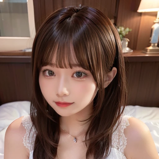 masterpiece, Best Quality,, Ultra-detailed, finely detail, hight resolution,1girl, blunt bangs, smile, blush, bed, necklace, breasts, princess dress, 、nogizaka、Beautiful brown eyes:1.３、-yeld, rhead, absurdrez, sensual, elegante, charm, shiny skin, dinive, ultra detali, high qualiy, work of art, face detailed, gorgeous eyes(detailedeyes), a face of perfect proportions
