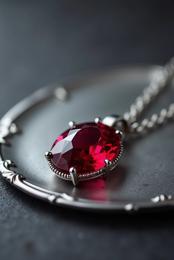 January Birthstone、10 carat red garnet necklace、It sits on a silver plate、The background is gray, Surrealism, Verism, Fujicolor, cinematic lighting, UHD, accurate, super detail, masterpiece, high details, super detail, high quality, best quality, highres