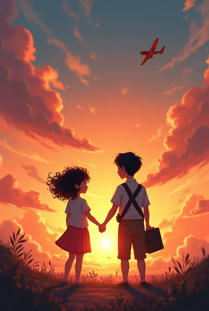 I want a cover for my book where a beautiful sunset appears., and in the sky you see a plane, And on the ground is a girl with curly black hair and a green dress and she is holding hands with an Asian boy., that he has black hair and is dressed like an airplane pilot.