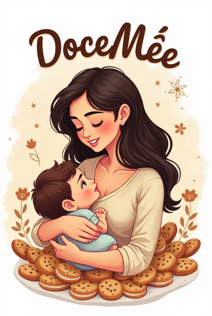 Create a logo for a bakery featuring a young mother with long black hair, Holding a baby boy on her lap, name of the bakery at the top DoceMãe with cookie theme