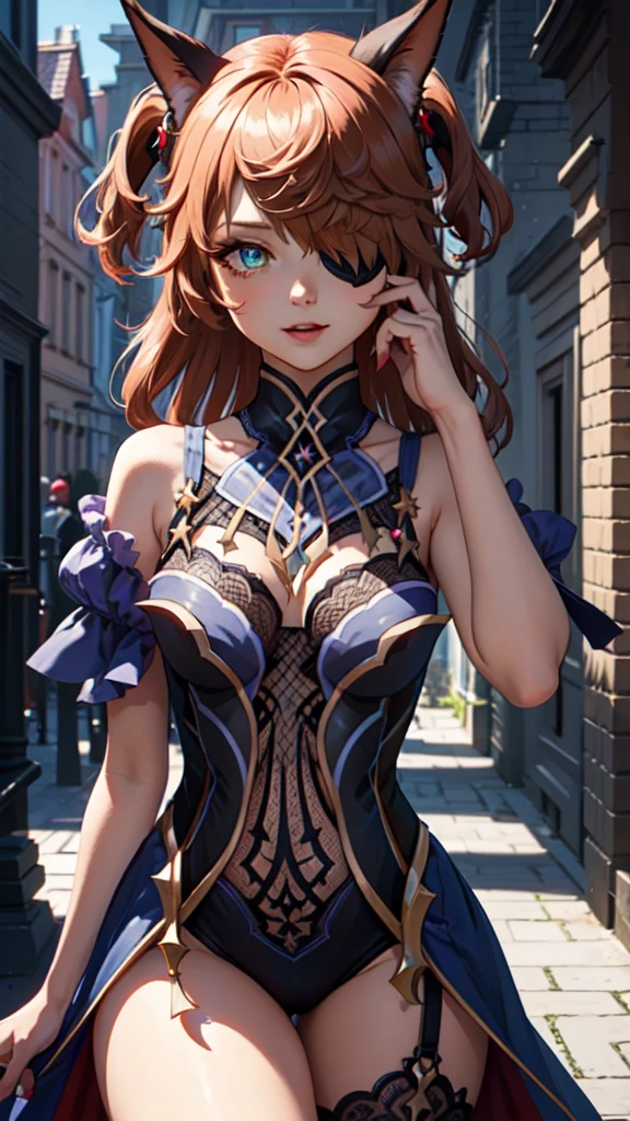 Young redhead xayah, ((redhead catgirl)), ((animal ears)), ((black eye patch)), twin large ponytails, 
BREAK (masterpiece:1.2), best quality, high resolution, unity 8k wallpaper, (illustration:0.8), (beautiful detailed eyes:1.6), extremely detailed face, perfect lighting, extremely detailed CG, (perfect hands, perfect anatomy), joyful, laughing, Happy, thigh steampunk corset with deep lace neckline, portrait (3:4), posing. In darkness next to a scary castle.