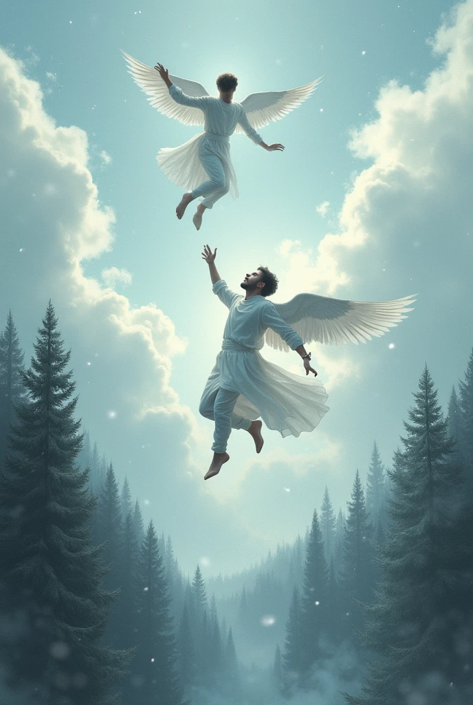 Book cover with a man falling from the sky, Below it there is a forest. A man with wings trying to reach him and above him there are many clouds, It's snowing a little and you can see the snowflakes in the distance, They are both dressed in white