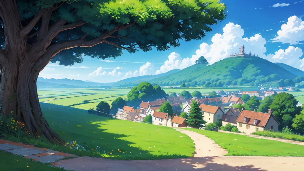 Ghibli style，landscape，One cat，wideshot，Ghibli styleイラスト，Detailed illustrations，High quality