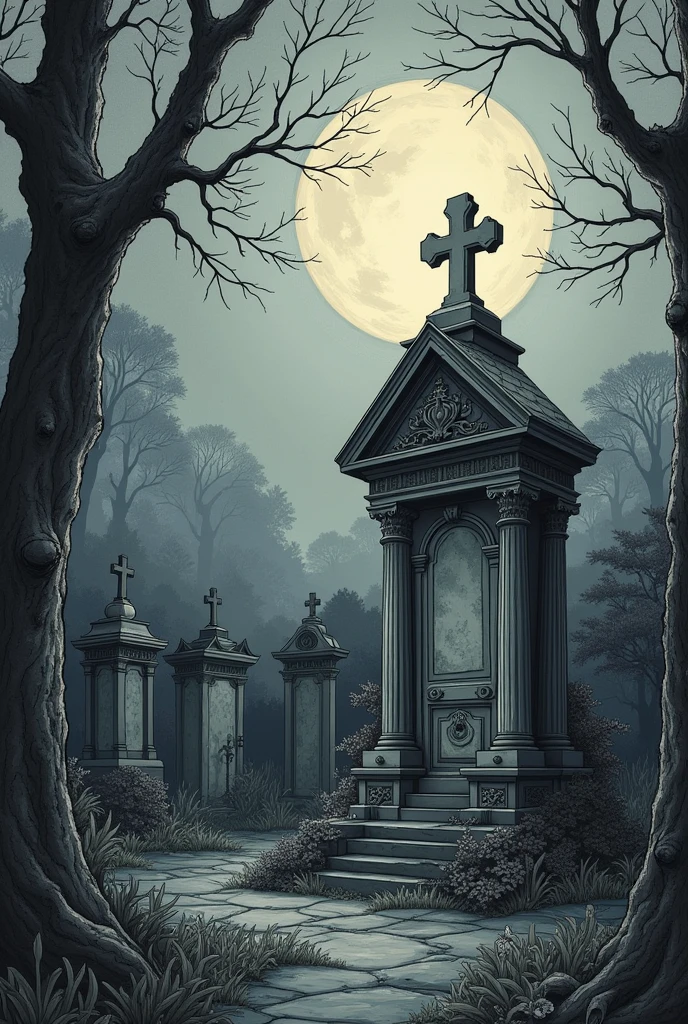 A Tim Burton style drawing of a tombstone in a Tim Burton style gothic cemetery