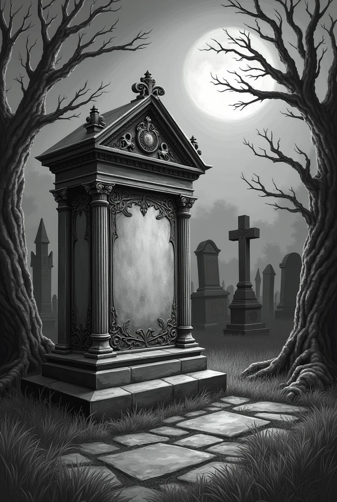 A Tim Burton style drawing of a tombstone in a Tim Burton style gothic cemetery