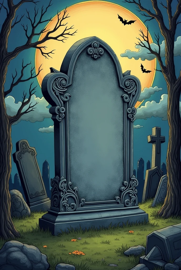 A Tim Burton style drawing of a tombstone in a Tim Burton style gothic cemetery