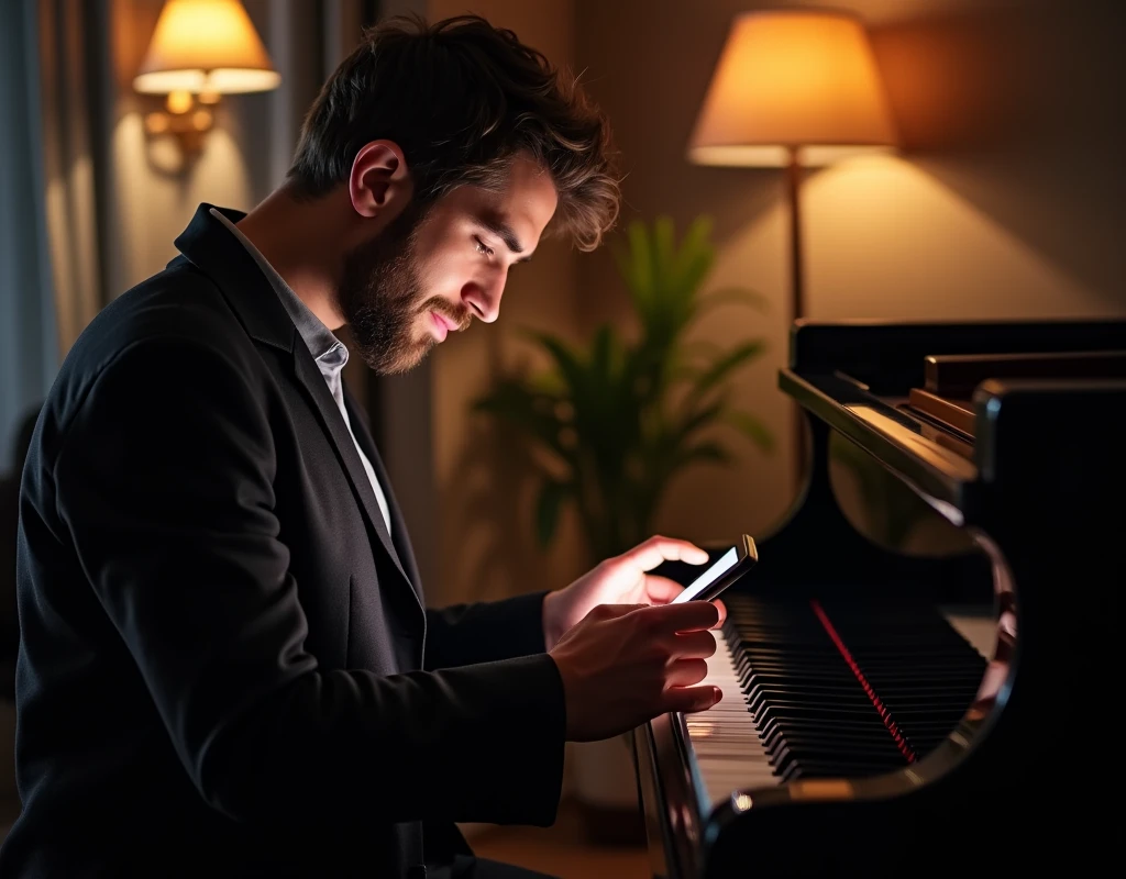 Make a picture of a pianist looking at his phone while playing