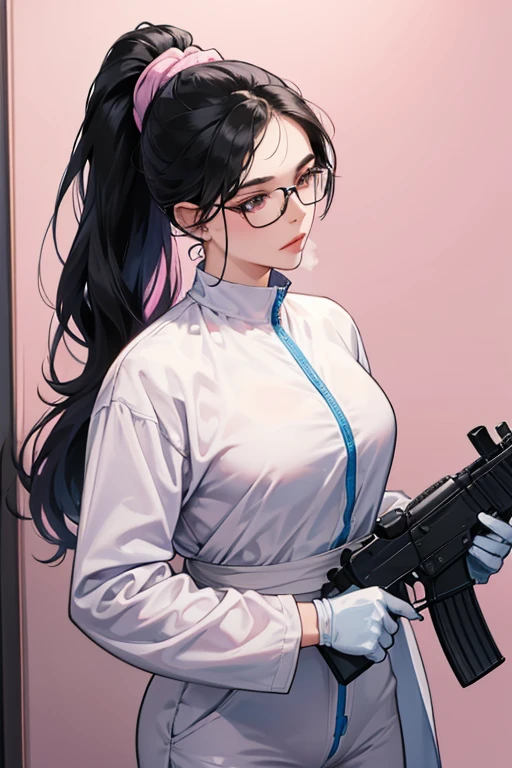 A mature woman with glasses and black hair tied up in a ponytail is wearing large pink rubber gloves, a white cloth wrapped around her head, a blue long-sleeved jumpsuit, and a submachine gun in the bathroom.