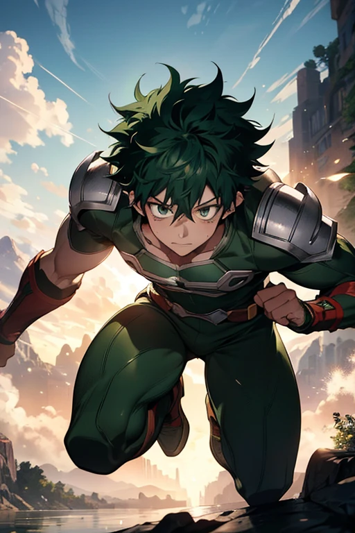 Izuku Midoriya, Deku, 1boy, green hair, freckles, green eyes, determined expression, hero costume, full body, detailed facial features, muscular body, dynamic pose, action scene, cinematic lighting, vibrant colors, digital art, 8k, photorealistic, highly detailed, unreal engine, studio lighting