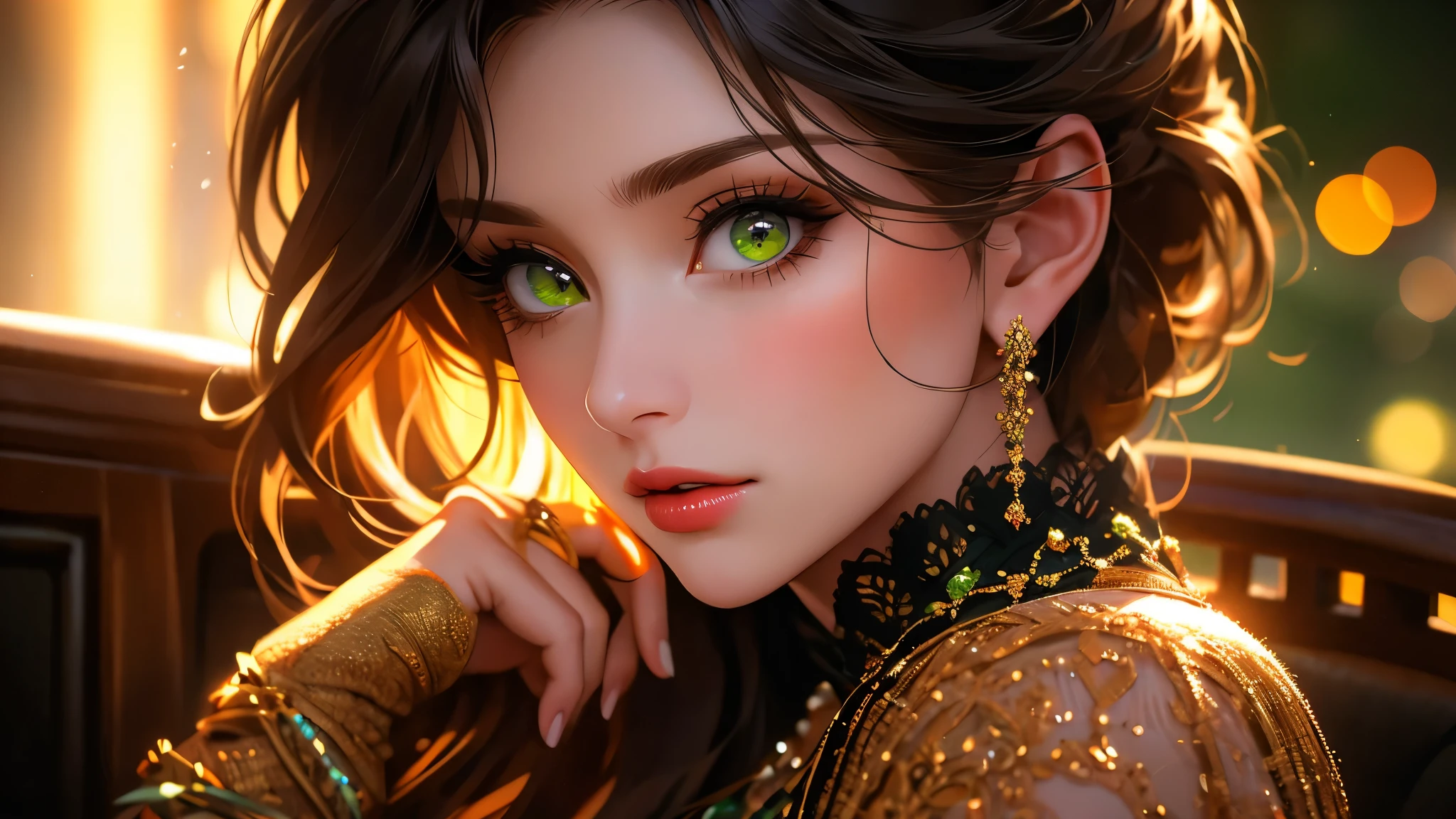 a beautiful woman with detailed green eyes, large breasts, sensual expressions, realistic, photorealistic, photo-realistic:1.37, (best quality,4k,8k,highres,masterpiece:1.2),ultra-detailed, HDR,UHD,studio lighting,ultra-fine painting,sharp focus,physically-based rendering,extreme detail description,professional,vivid colors,bokeh,warm colors,soft lighting