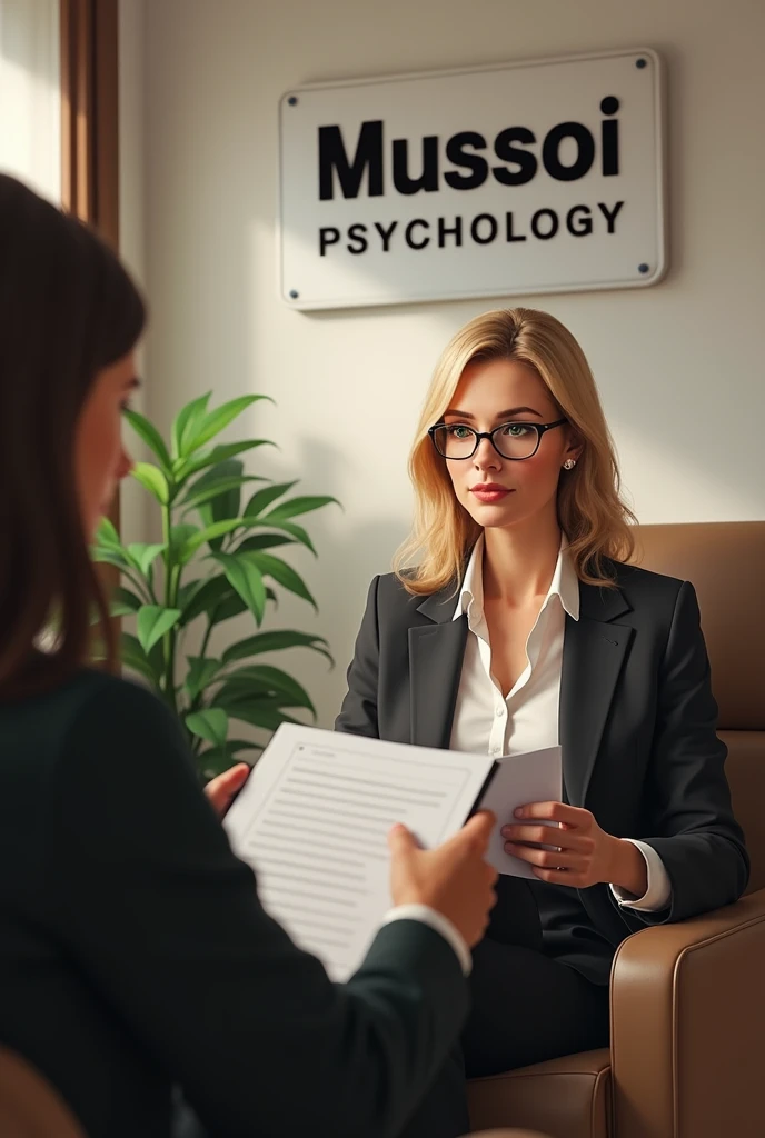 Create an image of a psychology office with the sign  "Mussoi Psychology" on the wall. There is a stylish plant in the background.

The psychologist is looking down, seeing your notes. She is a 50 year old blonde woman, green-eyed, with shoulder length hair.  she wears glasses, is wearing a suit and is sitting in an armchair, attending to a patient whose face is not visible. 