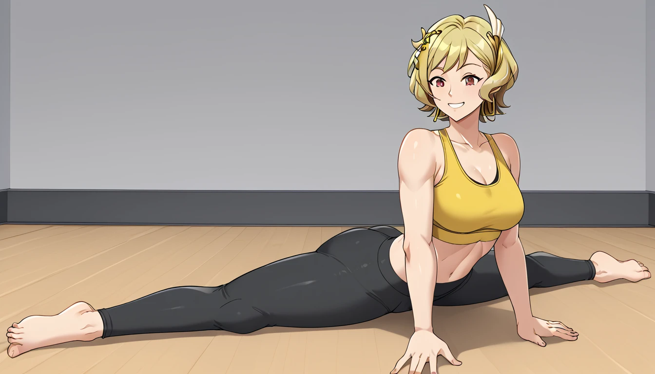 rndCitrinne, short hair, wing hair ornament, hoop earrings, yoga pants, gold sports bra, 1girl, solo, Sitting, On the floor, Split Horizon, stretch, horizontal splits, stretch regs, hands on floor, smile