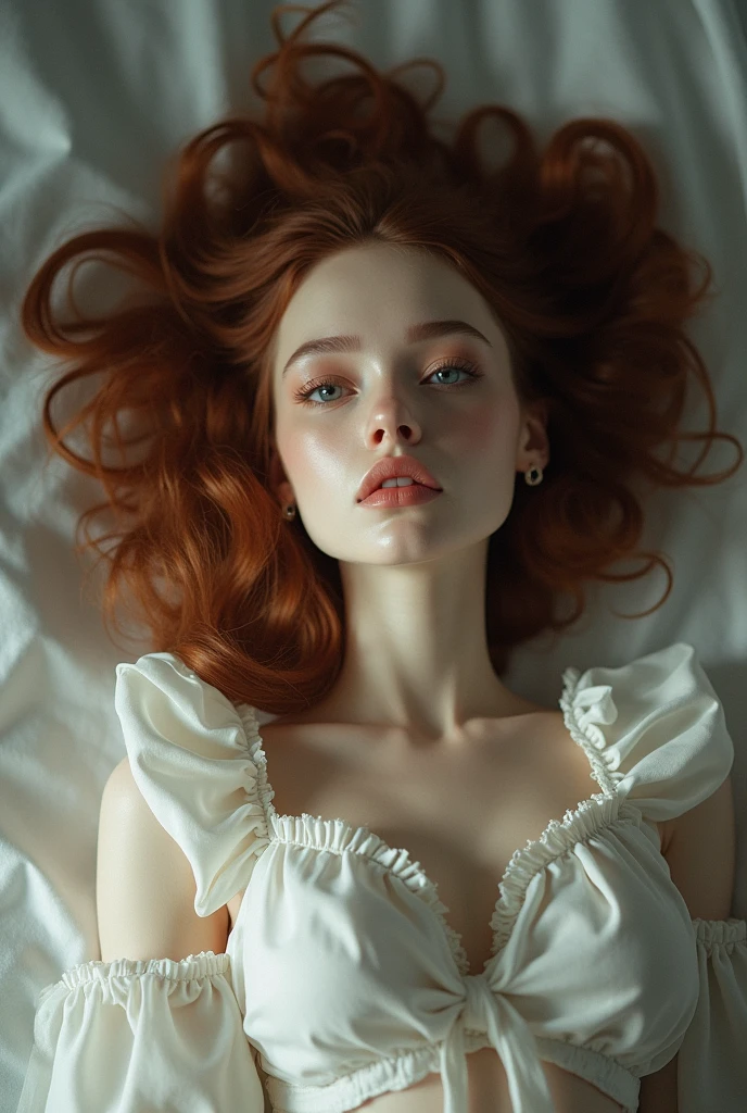 editorial photography,super detailed background,Super realistic,double exposure,depth of field,sex doll vibes,soft focus tone,narrative scene,skinny,elastomer android,modern style,in the privateroom,cinnamon curl hair,Clear fine white skin,Photo session,adult beauty,absentminded face,lie down,from above,waist shot,gothic style,